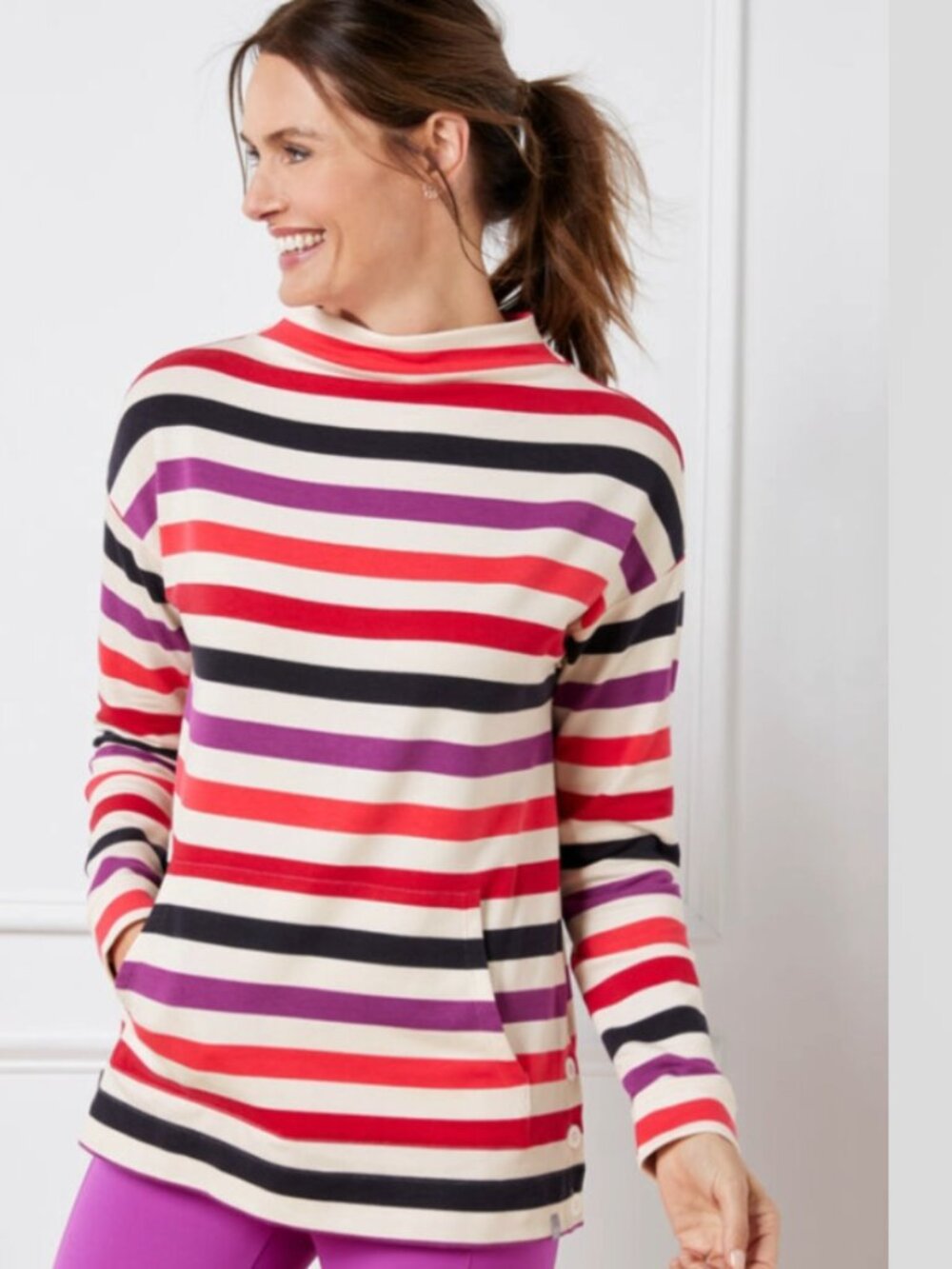 T by Talbots Button Detail Pullover - Alpine Stripe Sz S